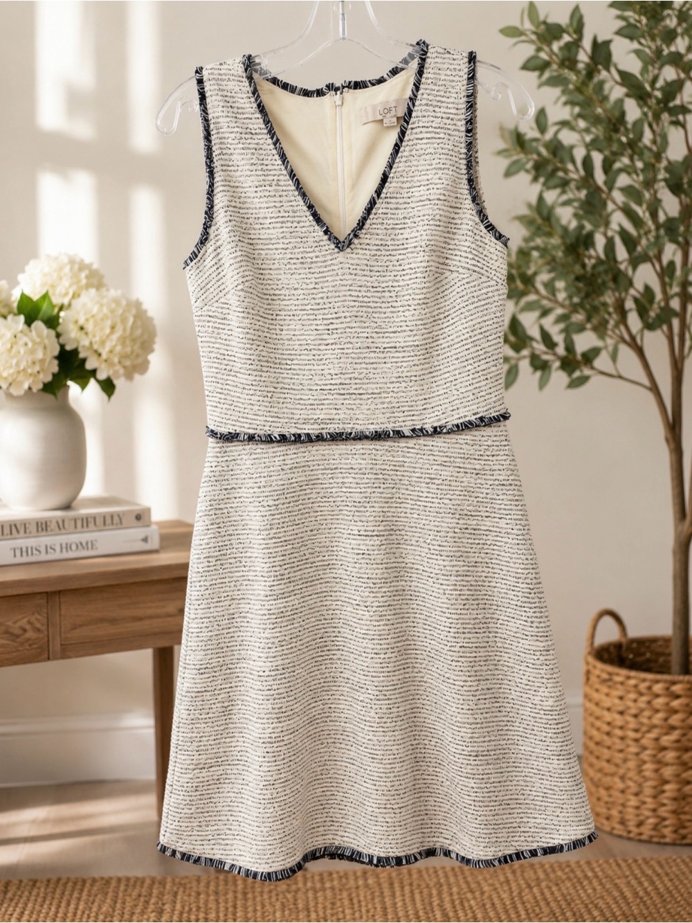 LOFT Cream and BlueTextured Tweed Mini Dress